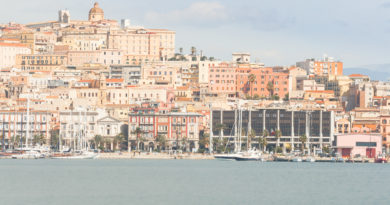 Vista dal mare del Palazzo Regio di Cagliari, di giorno
